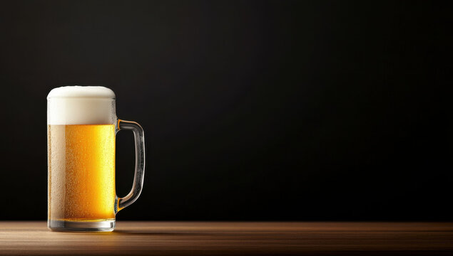 Glass mug of cold beer with frothy head on wooden table, dark background, refreshing and inviting atmosphere for relaxation or celebration