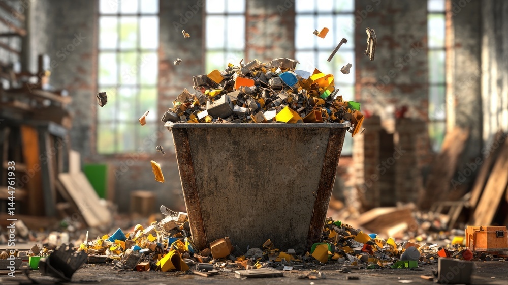 Poster 3d rendering of a waste skip filled with construction and demolition waste from a house renovation