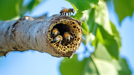 Bees resting on honeycomb nest in natural habitat for environmental awareness and conservation