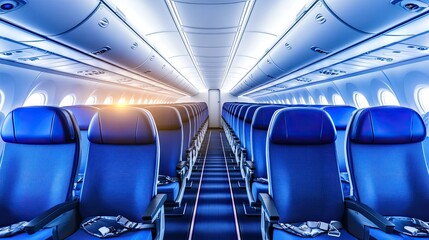 Fototapeta premium Comfortable blue seats in economy class cabin of airplane for modern travel experience