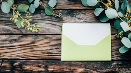 Elegant minimalist blank white card in green envelope with eucalyptus twigs for invitations or announcements
