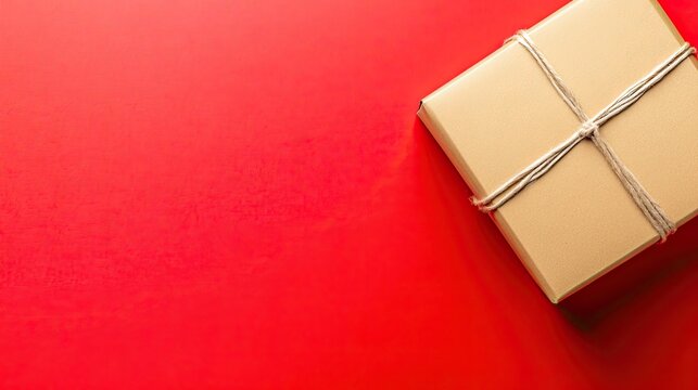 Cardboard box tied with string on a vibrant red background for delivery concepts and gift themes