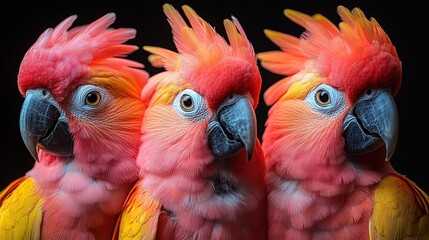 Fototapeta premium Trio of Salmon-Crested Cockatoos Portrait with Vibrant Plumage Detail