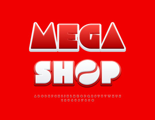 Vector Business signboard Mega Shop. Unique Red Font. Artistic Alphabet Letters and Numbers set