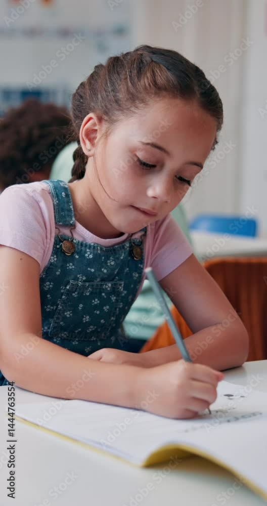 Poster Writing, learning and child with exam, classroom and knowledge for project, growth and development. Elementary, studying and kid with notebook for test, student or girl with information for education