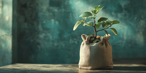 A money bag with coins and a green plant symbolizes growth and investment in financial success