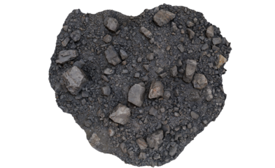 Dark, rocky soil clump, various sizes and shapes of stones embedded in a dark earth
