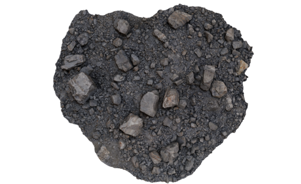 Dark, rocky soil clump, various sizes and shapes of stones embedded in a dark earth