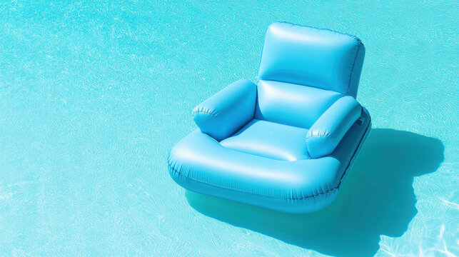 Inflatable blue pool chair floats on clear water, creating relaxing and inviting summer scene with bright sunlight and calm ripples, perfect for leisure and vacation vibes