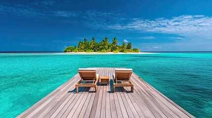 Tropical island paradise with deckchairs on jetty, perfect for relaxation and travel inspiration