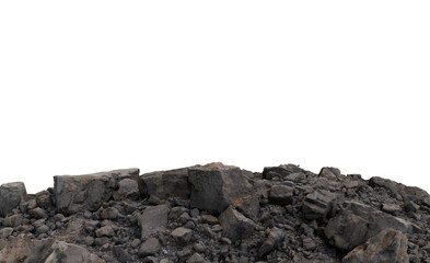 A panoramic view of a rocky mountain pile with various sized rocks, dark gray in color