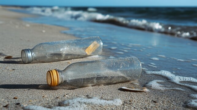 Two abandoned glass bottles washing up on the shore of a beach - Powered by Adobe