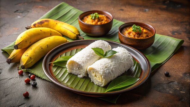 Traditional South Indian puttu made from rice flour and coconut flakes served with a side of ripe banana and spicy kadala curry, rice flour, snack