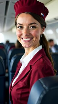 Friendly stewardess  flight attendant greets passengers onboard during a busy flight