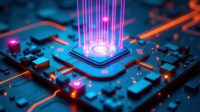 Futuristic microchip with glowing circuits and vibrant energy beams in a high-tech environment