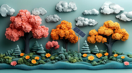 Stylized landscape with colorful trees and clouds