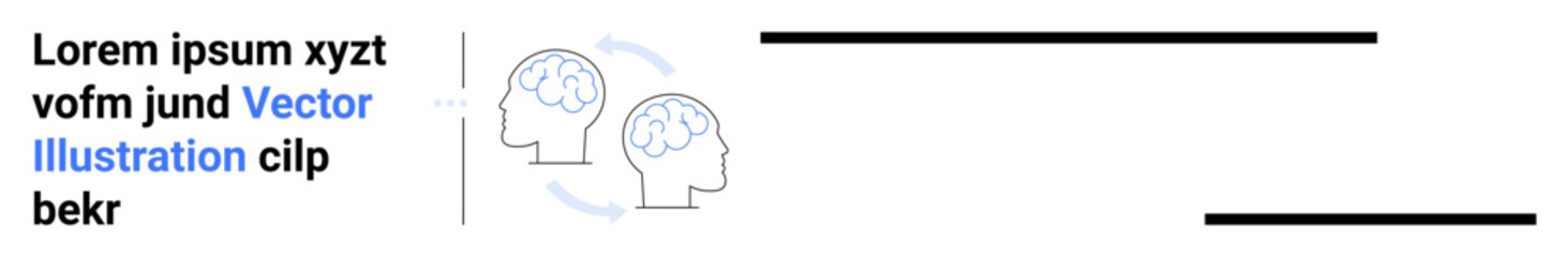 Two human head outlines with brains connected by circular arrows indicating knowledge or idea sharing. Ideal for education, teamwork, innovation, communication, data transfer, brainstorming, simple