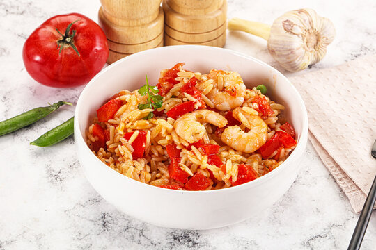 Italian pasta orzo with prawn