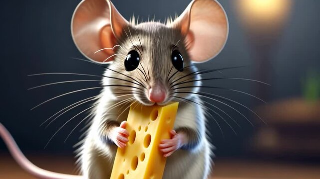 Cute gray cartoon mouse with big ears holding piece of yellow cheese with holes in her paws and eating enjoying taste of snacks.