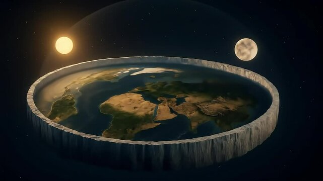 Flat earth theory conceptual illustration sun moon night day and disk. 3D model imagery.