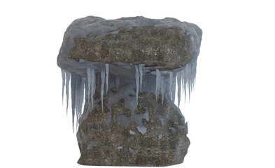 Icy rock formation, a large rock covered in thick icicles.  The rock appears weathered and grounded