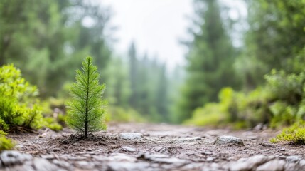 Fototapeta premium Small pine sapling growing on a rocky dirt path in a lush green forest during daytime.