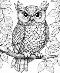 Detailed owl sitting on a branch among leaves, featuring intricate black and white line art