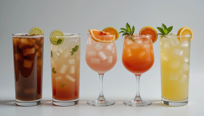 Cocktail PNG Set &ndash; Cuba Libre, Long Island, Mojito, Paloma, Tequila Sunrise, and Screwdriver in Highball Glasses with Garnish, Transparent Background