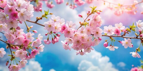 Delicate pink cherry blossoms cascade from branches in full bloom against a soft blue sky with gentle clouds, garden scenery, floral