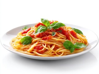 Spaghetti with tomato sauce isolated on white background