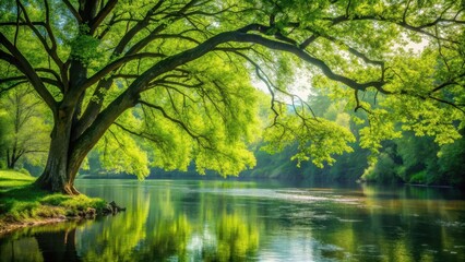 Fototapeta premium A serene lush green tree majestically hangs over a peaceful river, its leaves gently swaying in the breeze
