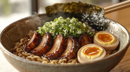 Delicious bowl of ramen with braised pork, soft-boiled egg, and nori