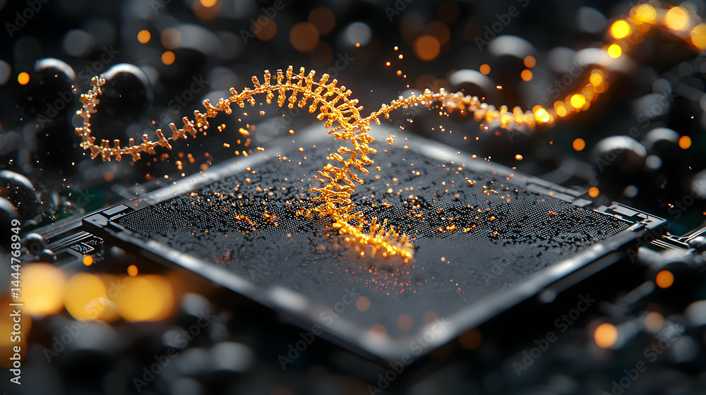 Wall mural an artistic rendering of a dna-like structure emerging from a circuit board. excellent for scientifi