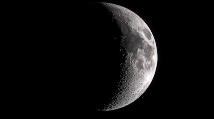 Crescent moon in night sky with visible craters and surface details, illuminated by sunlight, creating serene and mysterious atmosphere