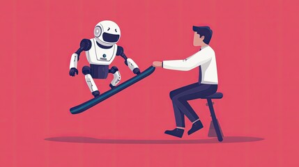 Fototapeta premium Robot Snowboarding Fun Man AI Teamwork.