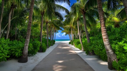 Obraz premium Tropical Beach Path, Palm Trees, Paradise - Tropical getaways