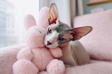 A hairless cat cuddles a fluffy pink plush toy in bed, offering a whimsical and heartwarming glimpse into feline affection.
