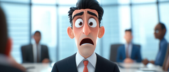 Slightly frightened CEO in modern office, wearing suit, sits at conference table with colleagues, expressing anxiety during business meeting