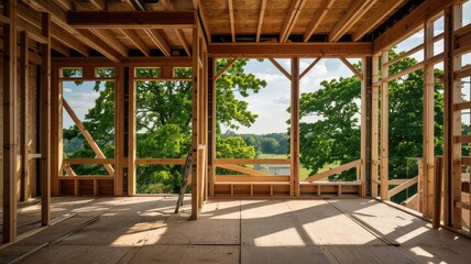 Fototapeta premium New construction frame with view of trees and green landscape in the background