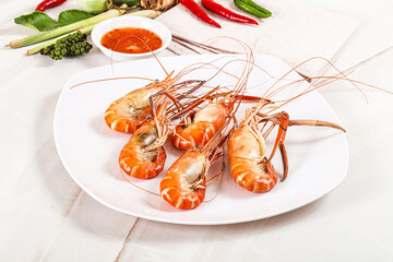 Boiled tiger prawn with sauce