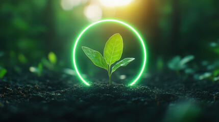 Sprout growing on forest floor with glowing green circle, symbolizing hope, sustainability, and environmental protection in lush, natural setting