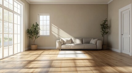 Fototapeta premium Cozy Modern Living Room Featuring Comfortable Couch and Bright Window with Natural Light and Decor