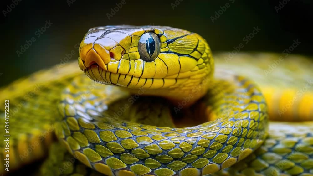 Poster A close-up view of a snake's head with its mouth open, suitable for use in articles about reptiles or as a symbol in designs