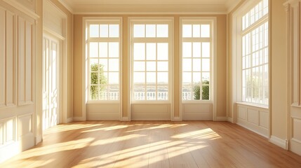 Fototapeta premium Bright and Airy Room with Abundant Windows Showcasing Natural Light on Warm Wooden Flooring Design