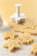 raw cookie dough pressed with cookie cutter