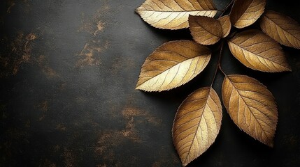 Golden leaves rest on dark surface
