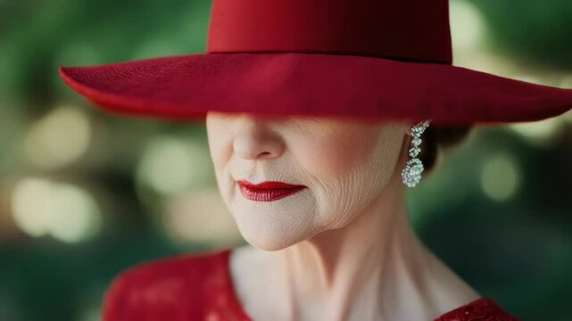 A stylish woman wears a bright red dress and matching hat