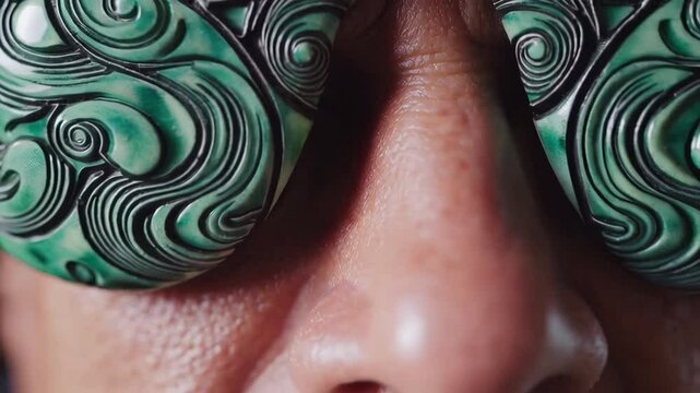 Man wearing green jade eyeglasses with cloud pattern