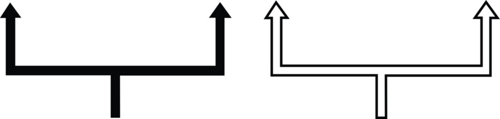 Minimalist arrows, black and white design, upward pointing symbols, geometric shapes, symmetrical composition, abstract iconography, opposing directions push pin pointer 