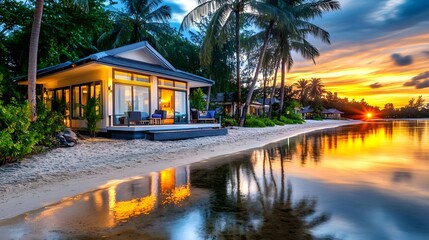 Obraz premium Tropical Beach House Sunset - Golden Hour Photography